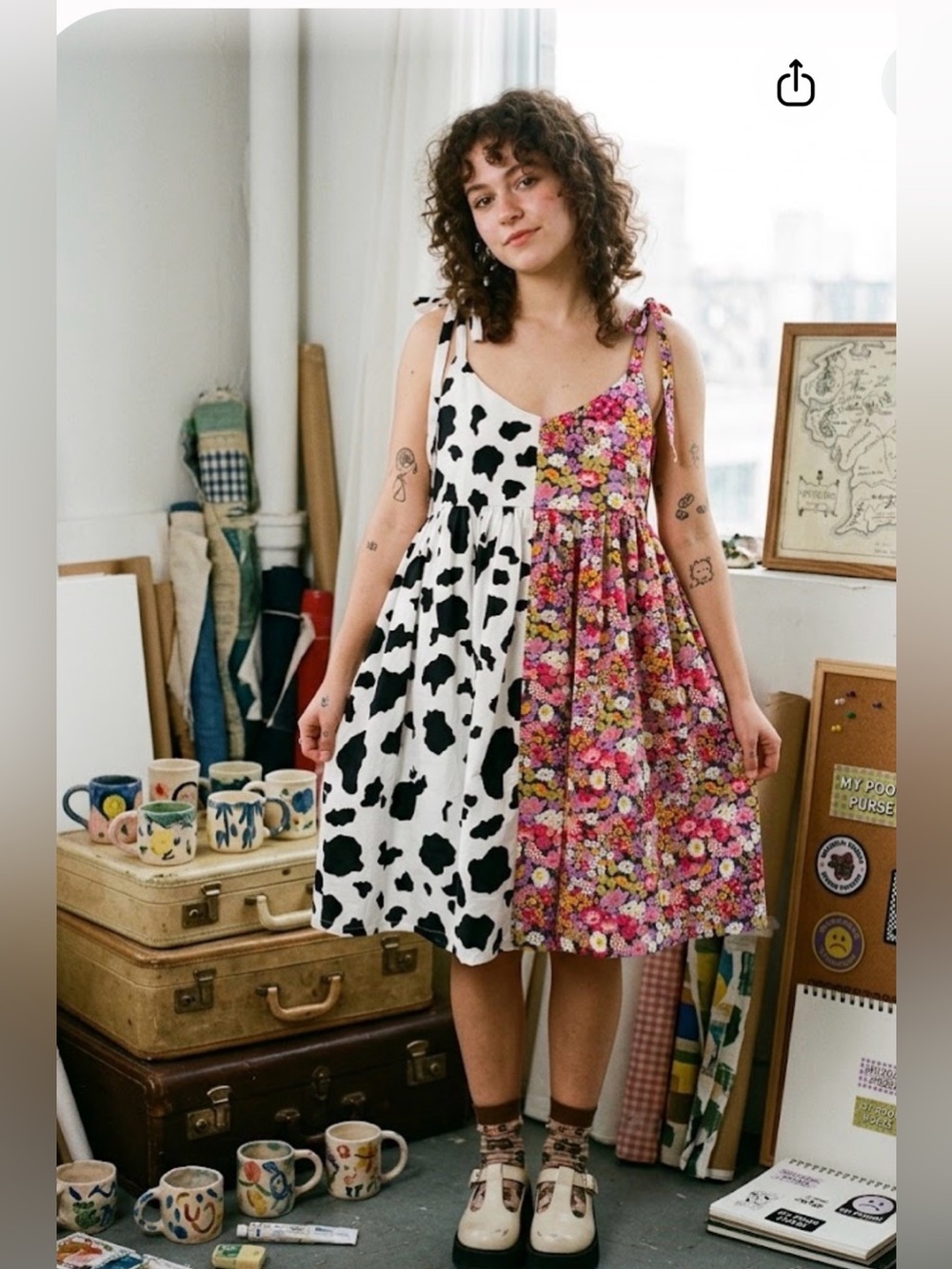 My Poor Purse Split Cow Print Floral Mini Dress Tie Strap Cotton Handmade Sz M/L